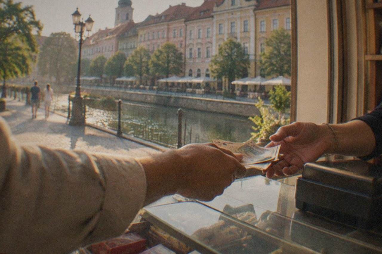 A visitor handing banknotes to a cashier at a small shop counter in a European city