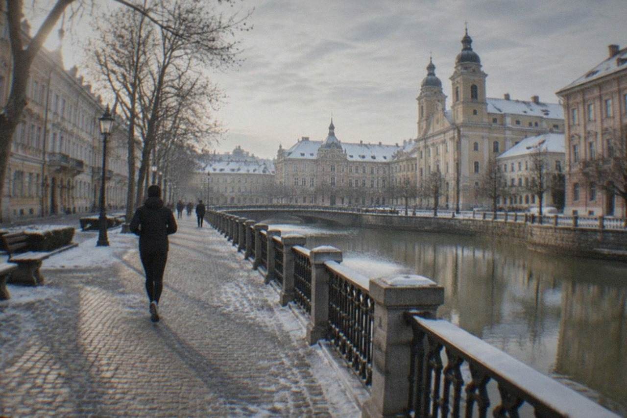 Frost-covered rooftops and church domes of a European city square on a cold winter morning