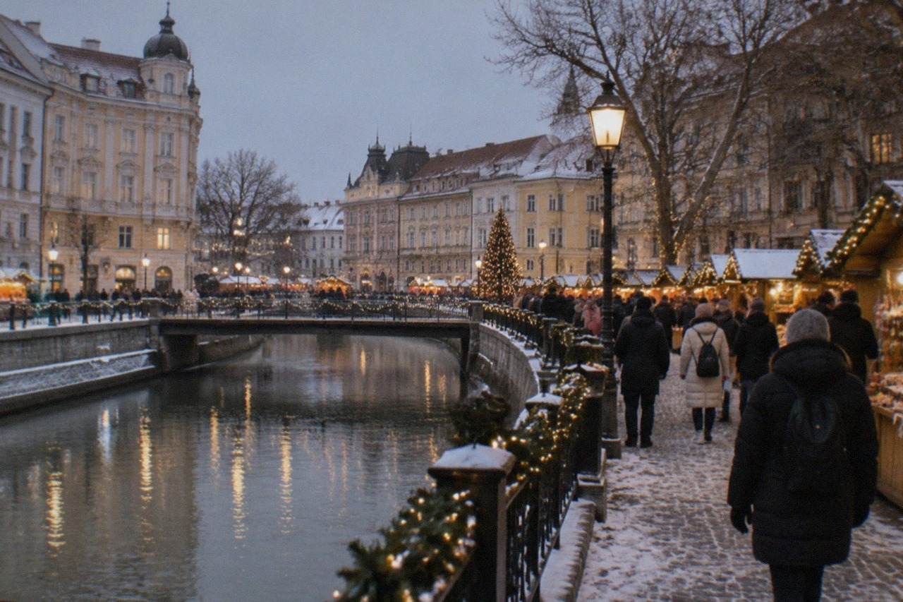 Festive lights and decorated market stalls in a European square on a winter evening
