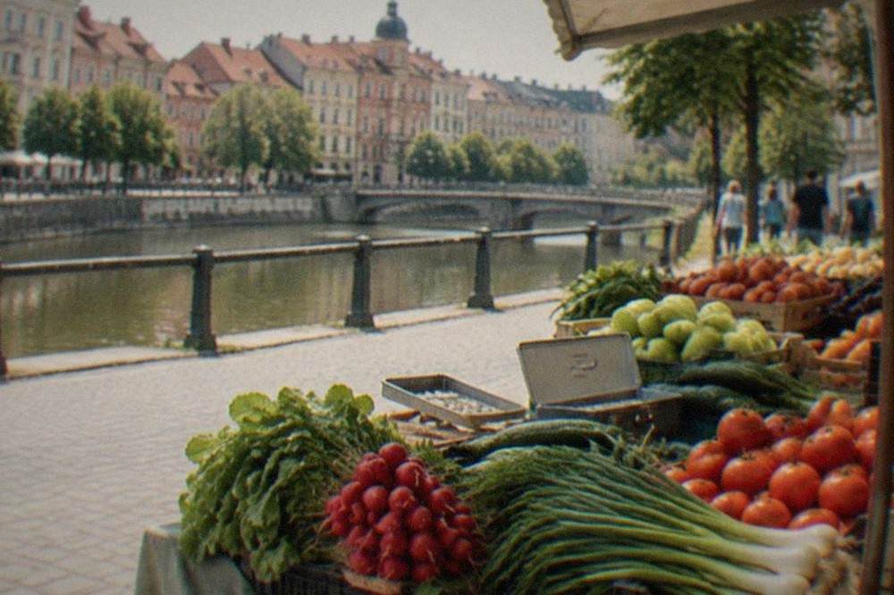 A street market stall in Timisoara with fresh produce and a small cash tray
