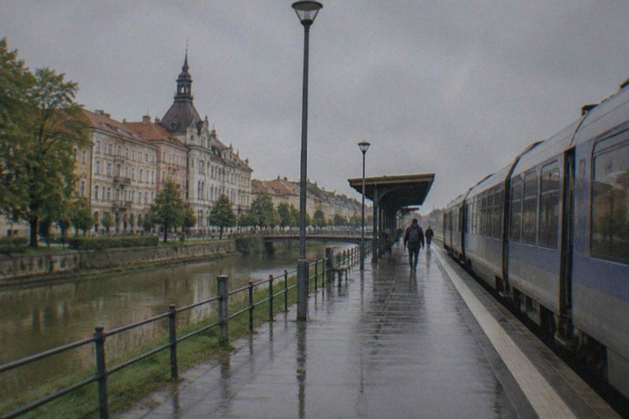 A regional train waiting at a station platform beside open countryside