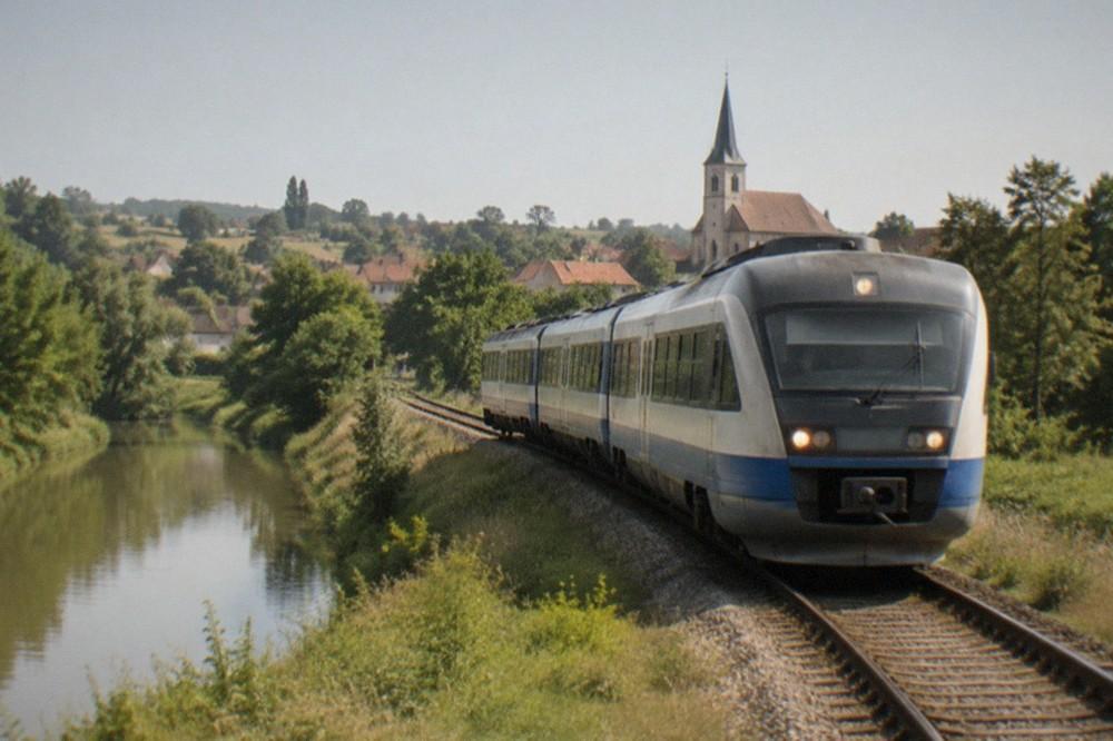 A regional train winding through green hills with a village and church spire in the background