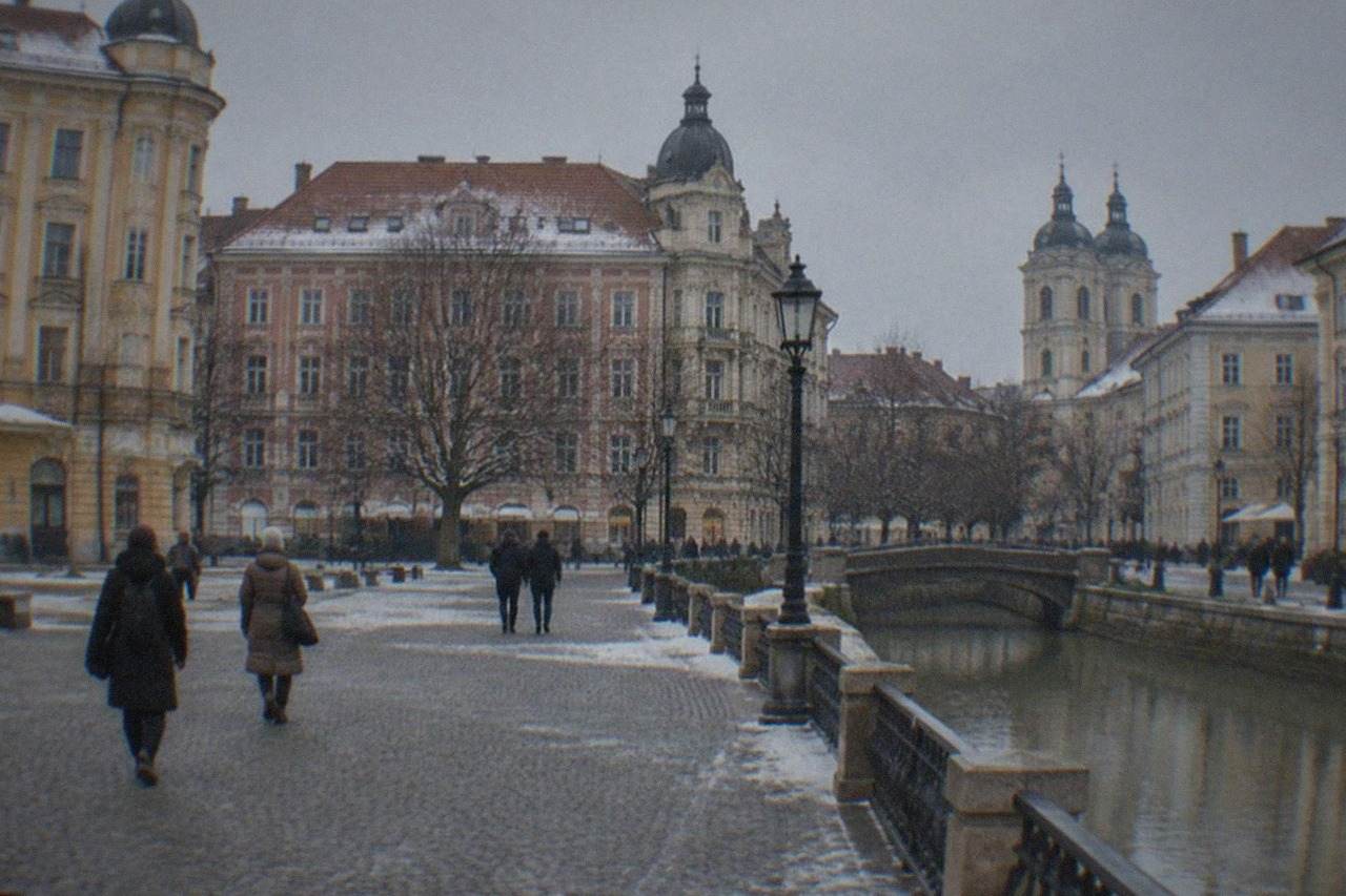 A wide square in Timisoara with historic buildings and people walking in winter light