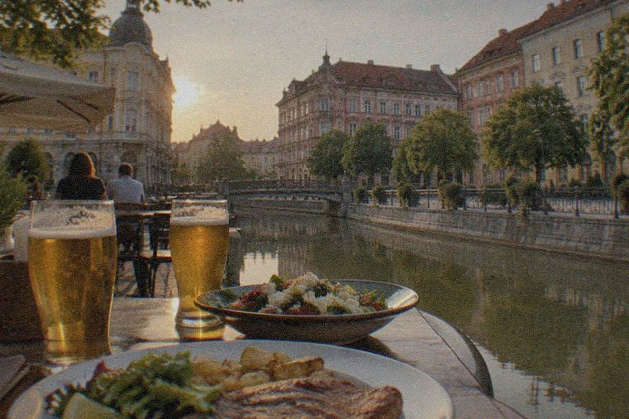 An outdoor restaurant table in a European city square with plates of food and glasses of beer