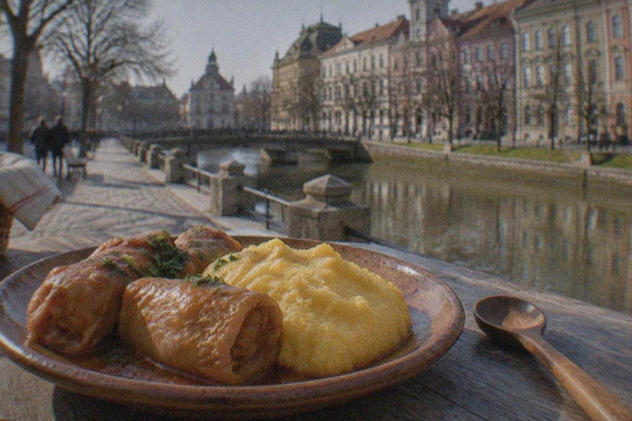 Cabbage rolls with polenta on a rustic plate beside a wooden spoon