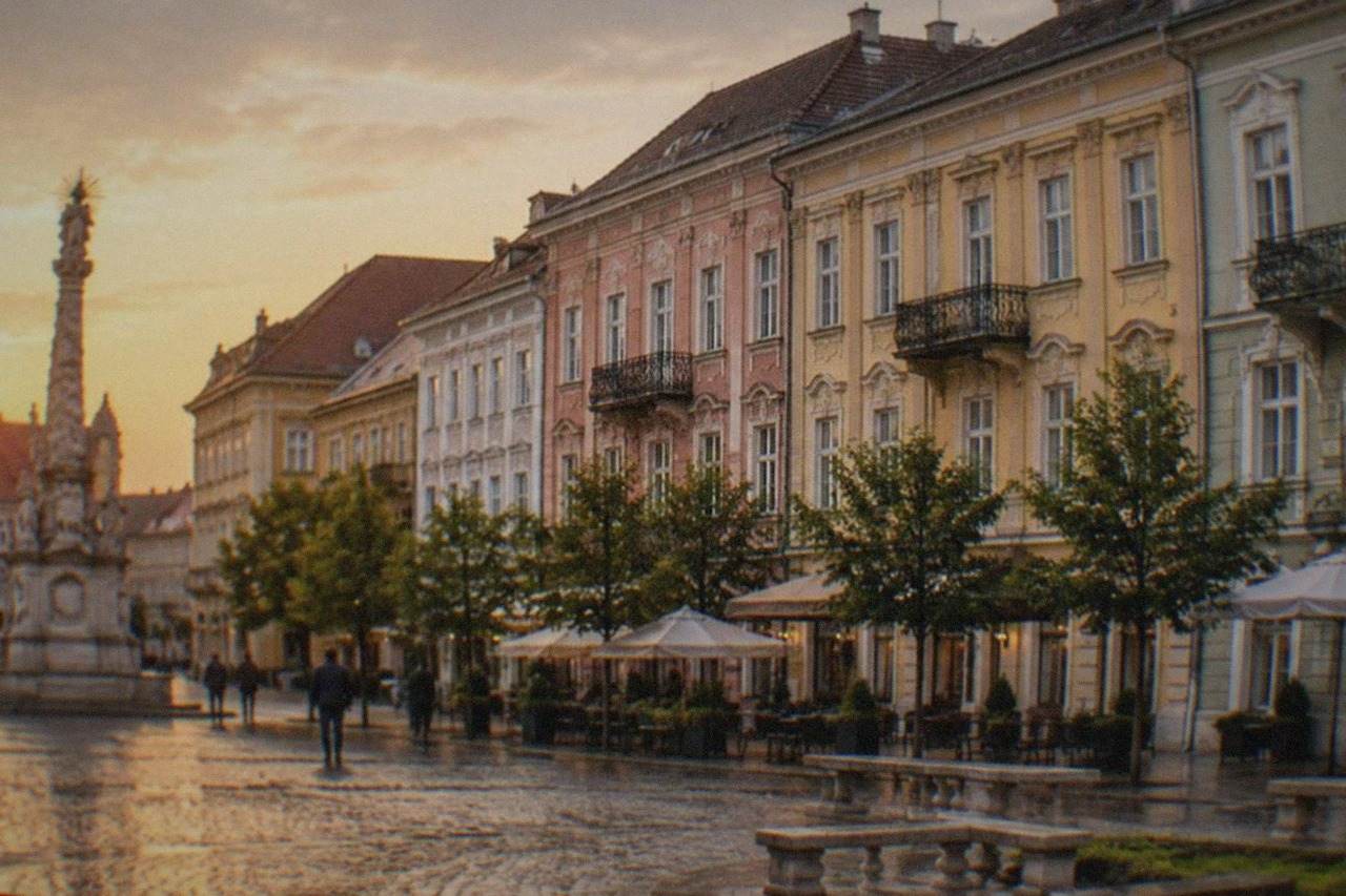 View over the colored facades of Union Square in Timisoara at golden hour