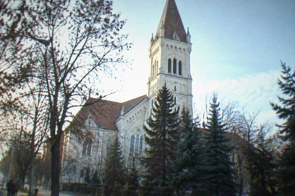 The tall tower of the Millennium Church rising above trees in Iosefin
