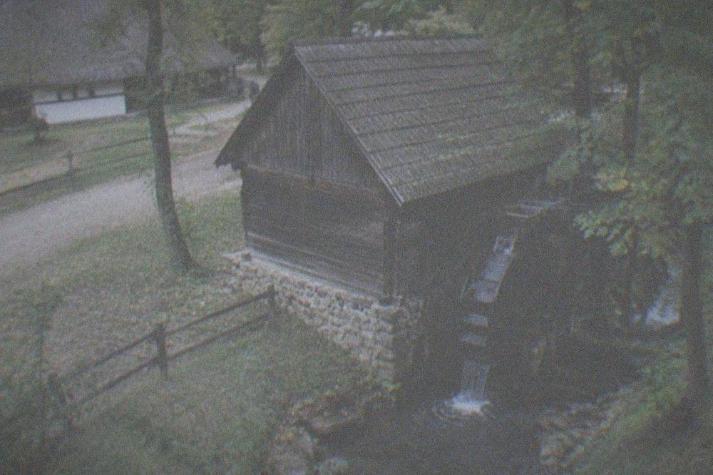 A wooden water mill beside a small stream surrounded by trees in an open-air museum