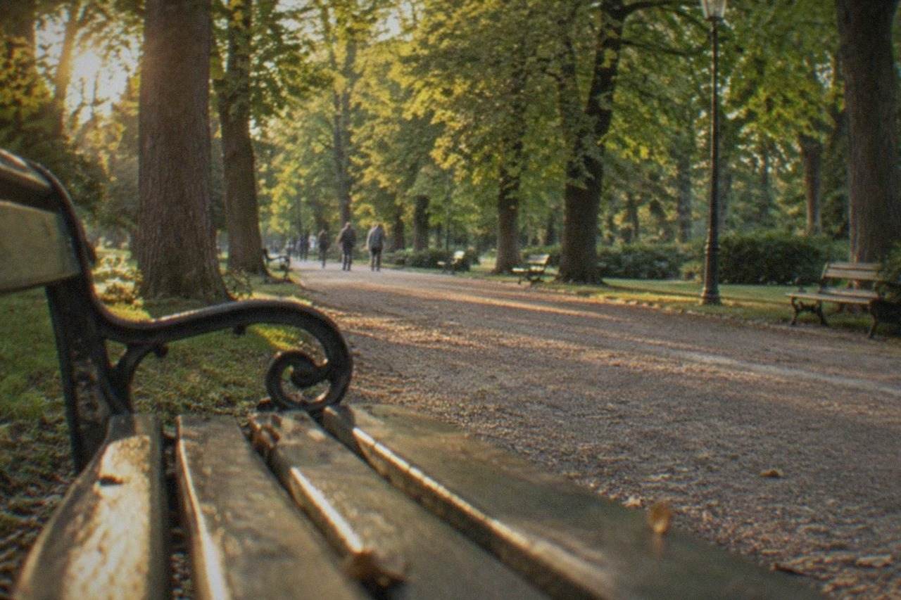 Tree-lined gravel path through a green city park with benches and lampposts