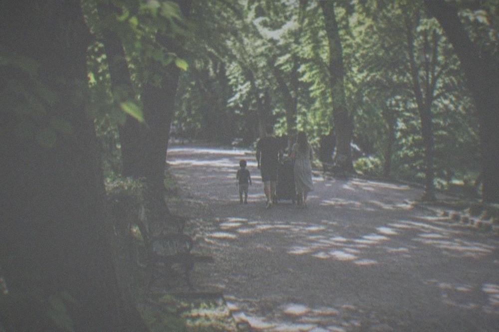 Family walking with a stroller on a wide flat park path under trees