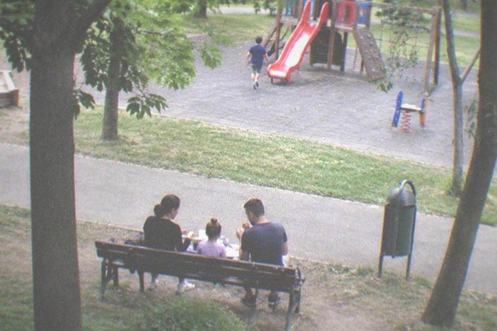 A family sharing food on a park bench under trees beside a playground