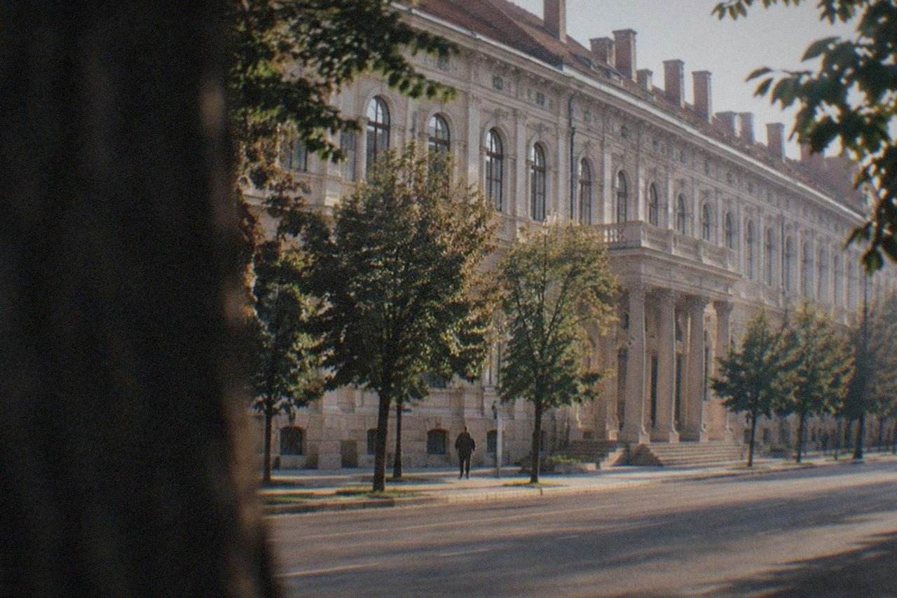 Long ornate facade of a grand palace with arched windows and many chimneys seen from a tree-lined boulevard