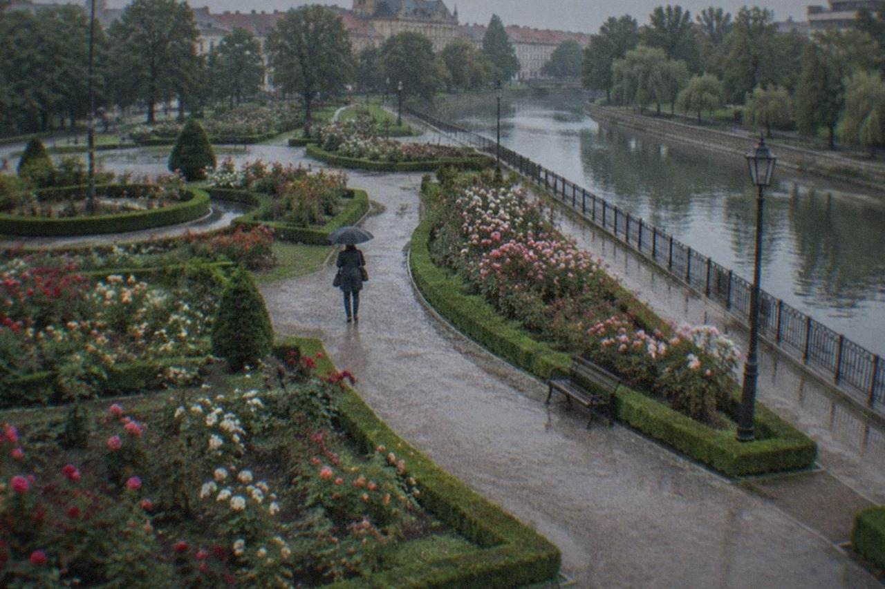 Rose beds in bloom along a curved park path with trees and city buildings behind