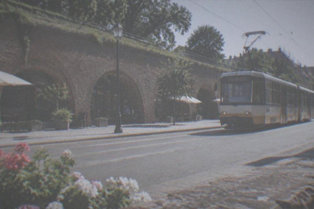 A tram passing on a street near the bastion walls in central Timisoara