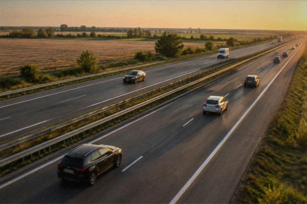 Cars on a motorway crossing flat farmland in golden evening light