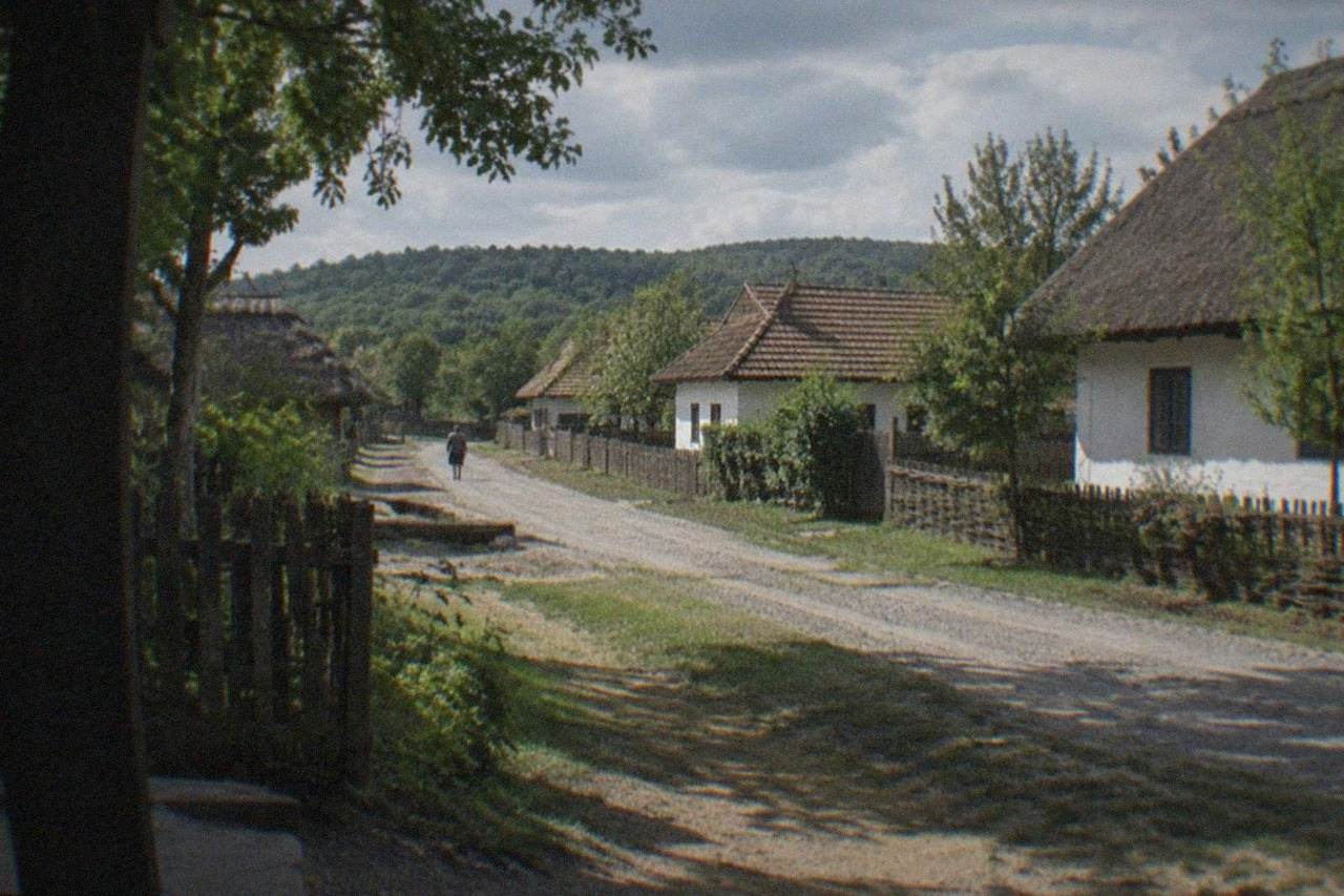 A quiet Banat village street with low houses and green hills behind it