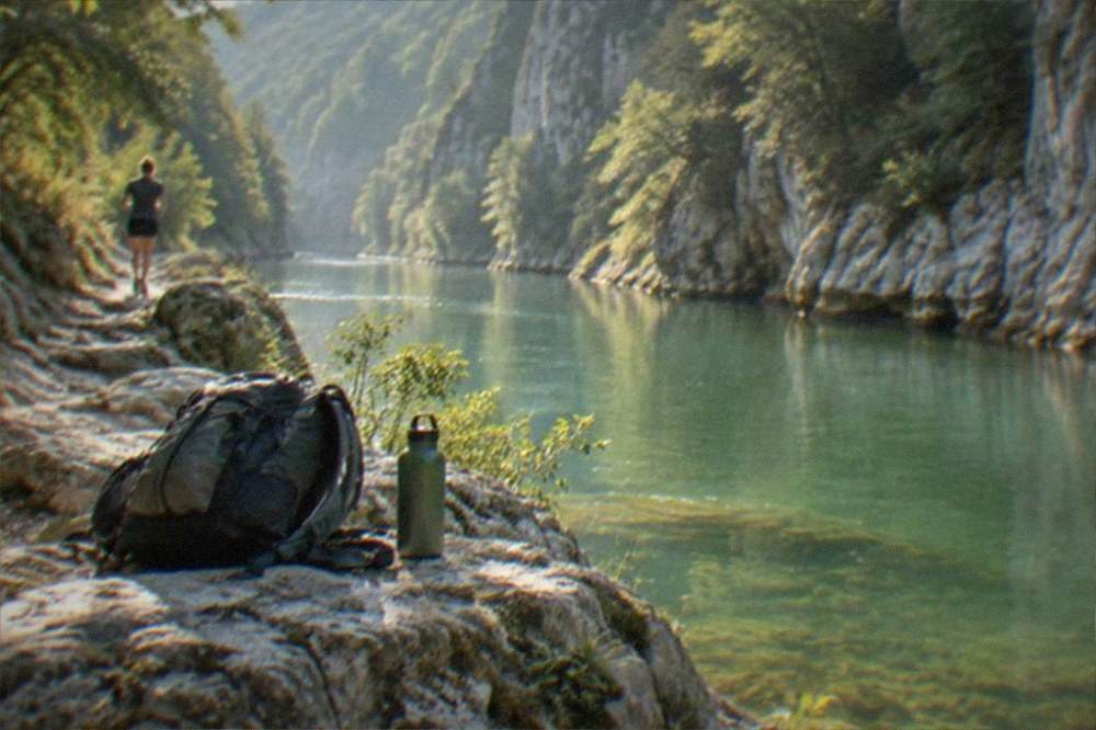 A backpack and water bottle resting on a rock beside a clear green river