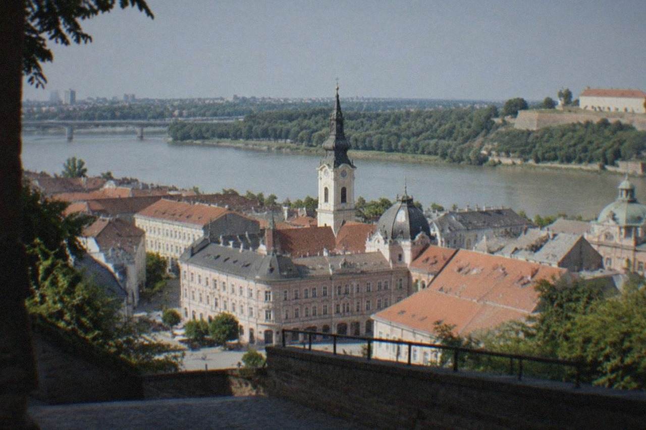 Panoramic view over Novi Sad with the Danube river and the domes of the city center