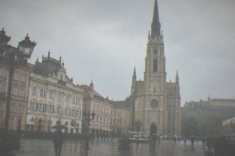 Freedom Square in Novi Sad with the Gothic spire of the Name of Mary Church