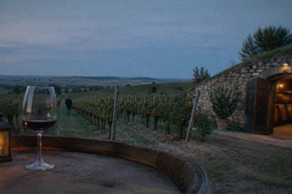An old stone wine cellar with wooden barrels and dim warm lighting