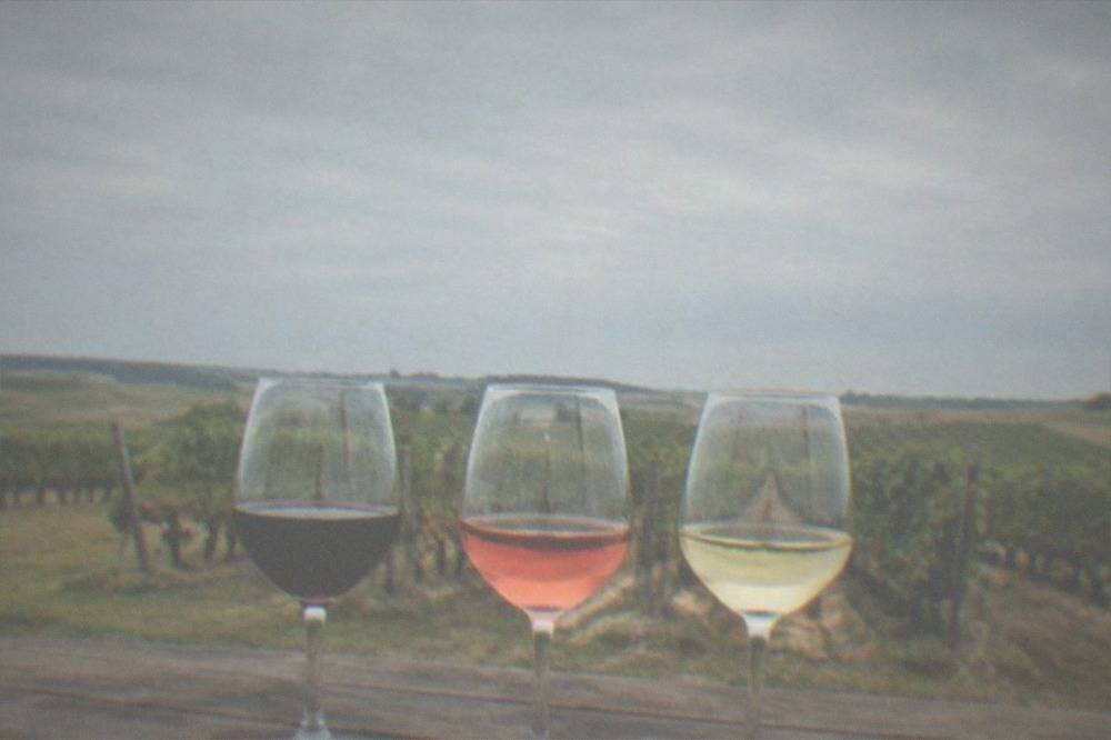Three wine glasses of red, rose and white wine lined up on a wooden tasting table