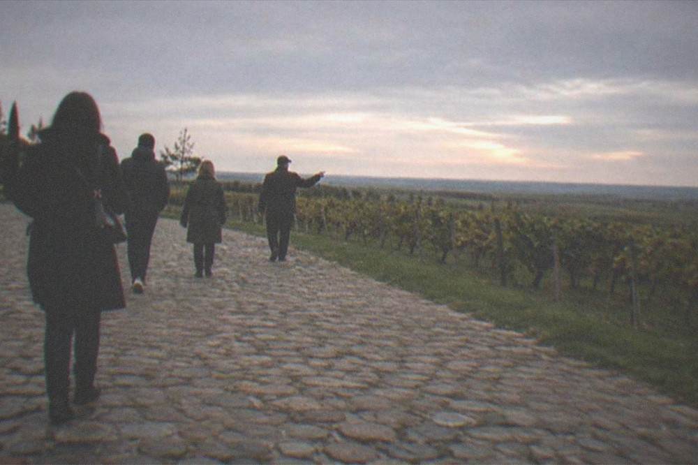 A guide leading a small group of visitors along a cobblestone square at dusk