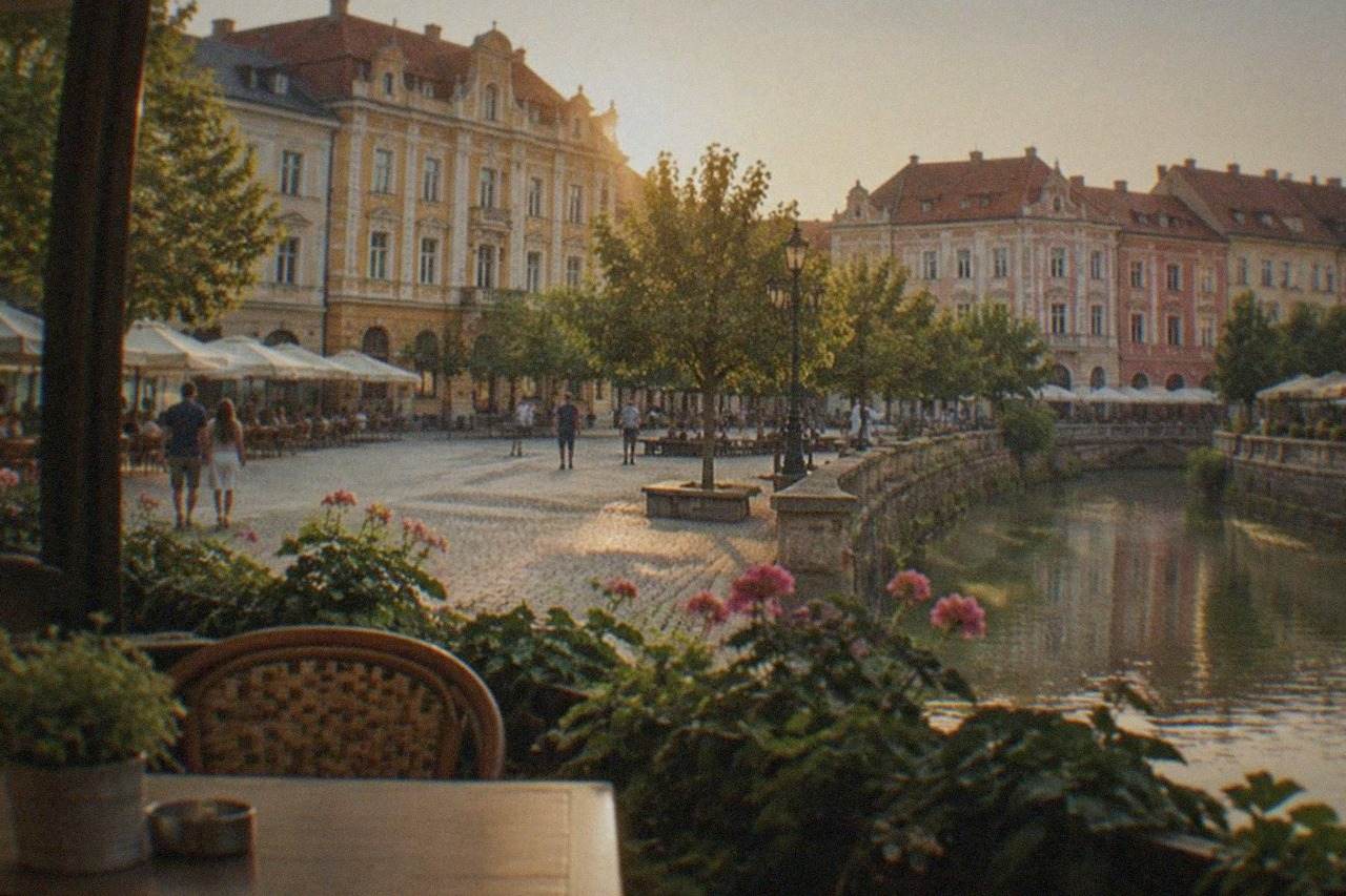 Colorful baroque buildings and cafés around a wide pedestrian square in Timisoara