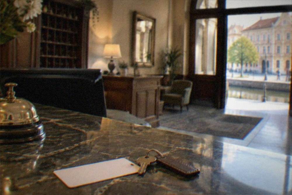 Reception desk of a small Timisoara hotel with a guest card and room key on the counter