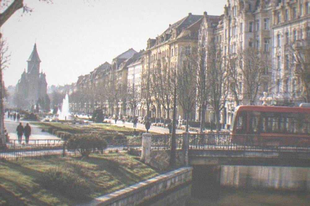 A red tram crossing a bridge over a city canal with parkland on the banks