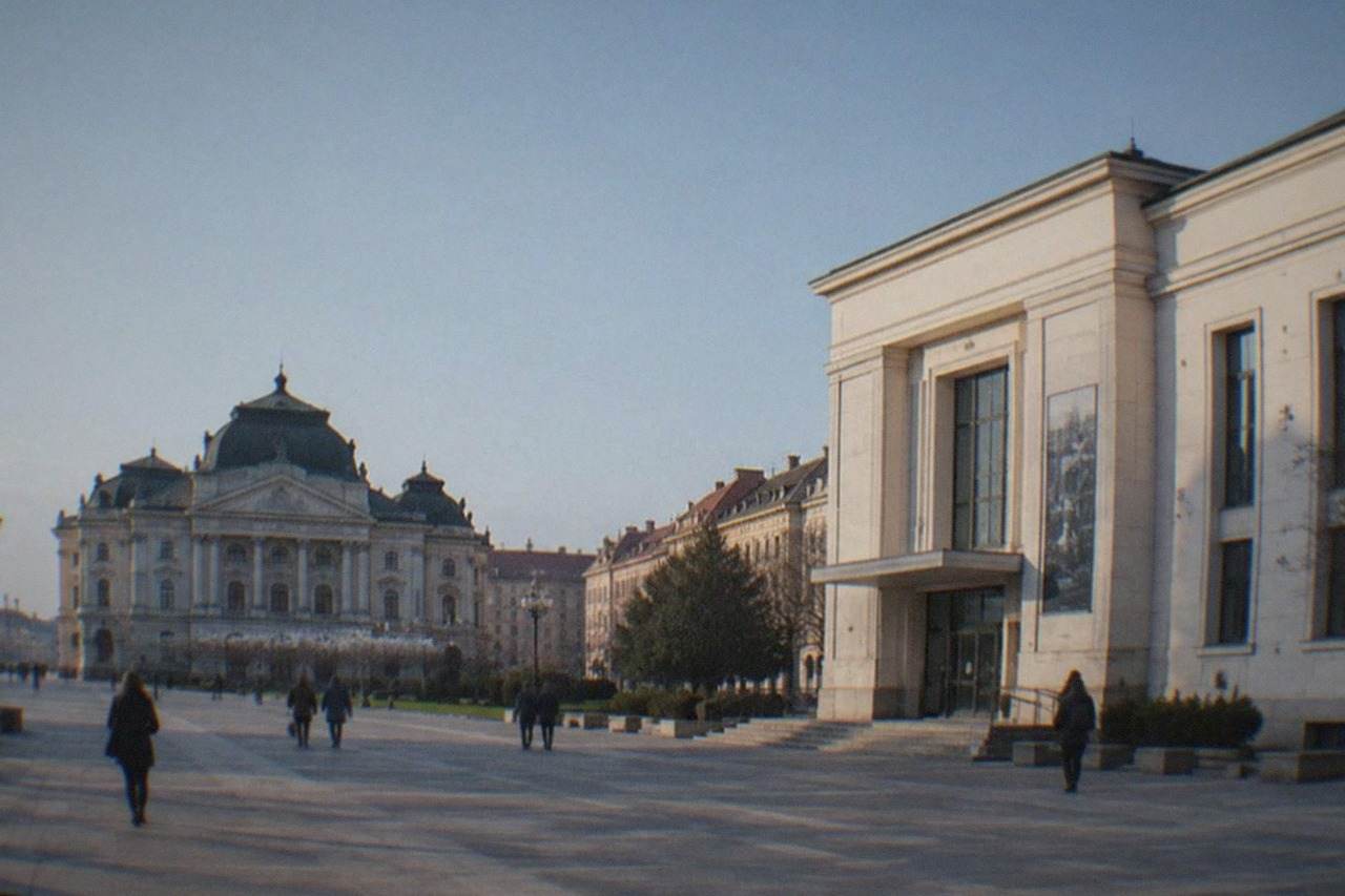 Piata Victoriei in Timisoara with the Opera building and the Memorial Museum in the foreground on a clear day