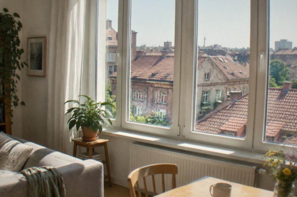 A bright apartment interior with tall windows and a view over tiled rooftops