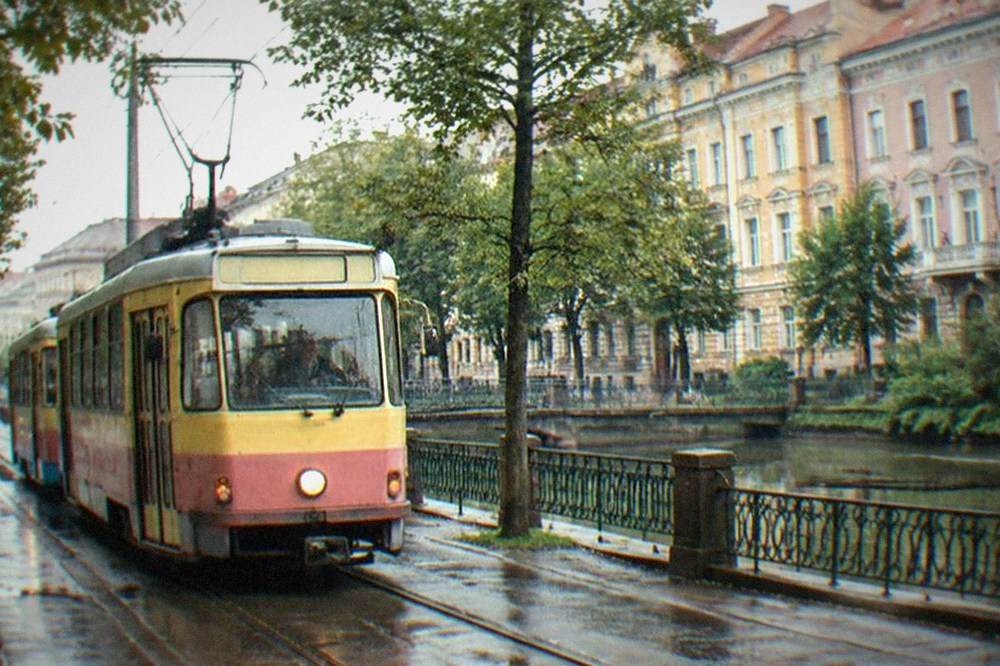 A tram passing yellow and pink facades on a tree-lined street in Timisoara