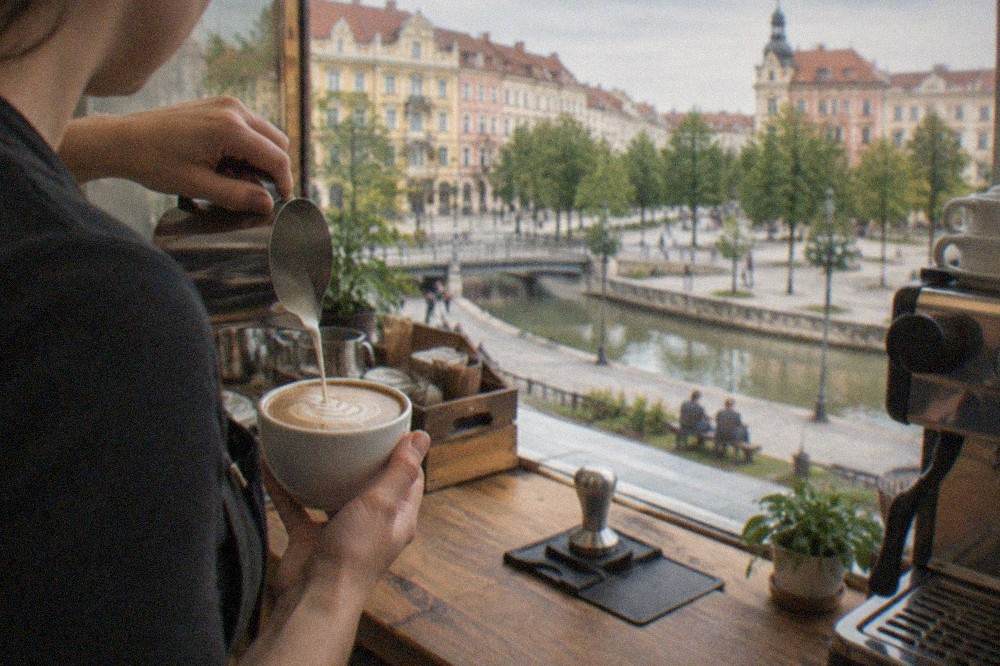 A barista pouring latte art into a white cup on a wooden counter in a small Timisoara specialty cafe