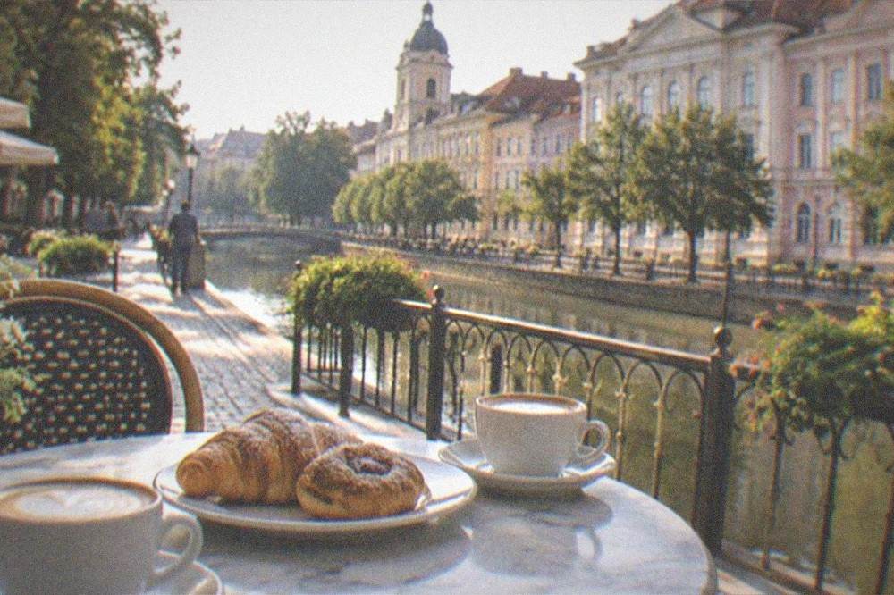 Two coffee cups and a plate of pastries on a small marble table in a Timisoara cafe