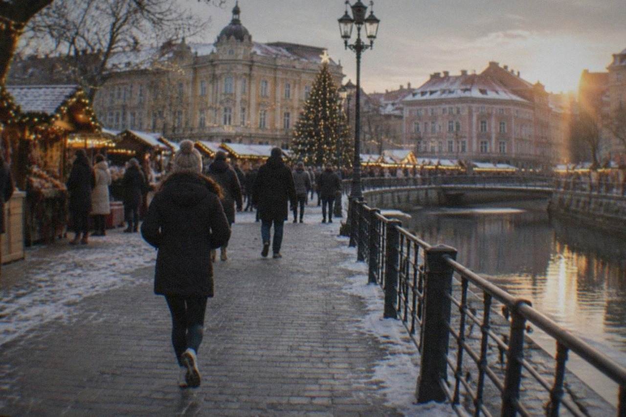 Festively lit square in Timisoara at dusk with a Christmas market and crowds in winter coats