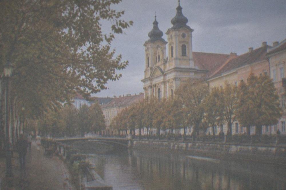 Autumn light on a church facade and tree-lined promenade beside a canal in Timisoara