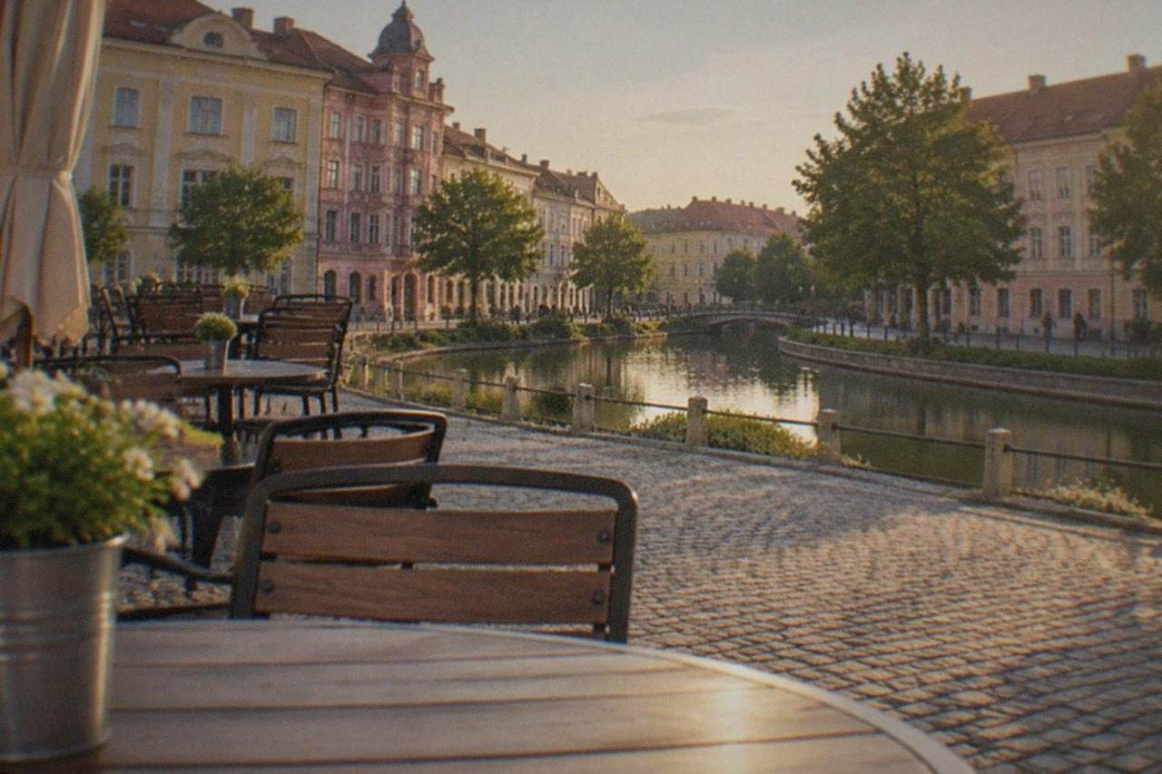 A quiet cobblestone square in Timisoara at golden hour with pastel facades and empty cafe tables