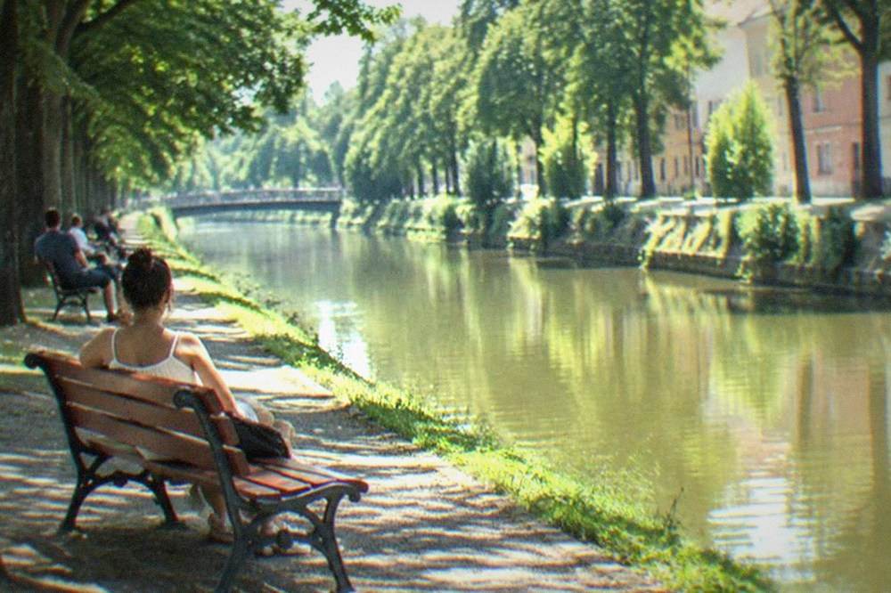 A shaded park path with mature trees and people resting on benches beside the Bega canal