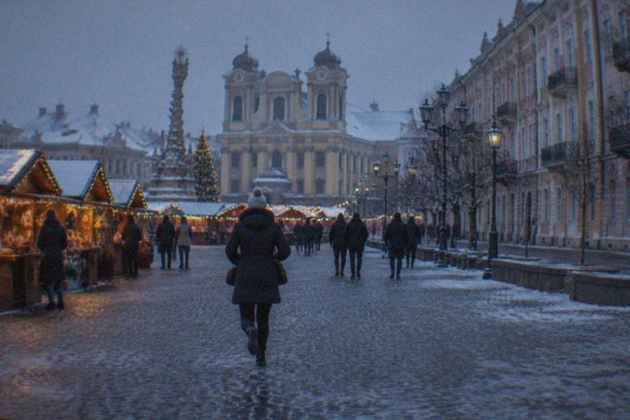 Union Square in Timisoara with snow-dusted baroque buildings and the Christmas Market stalls