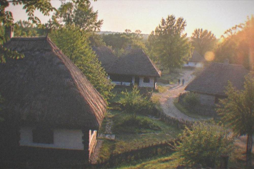 Traditional wooden village houses in parkland at the Banat Village Museum near Timisoara