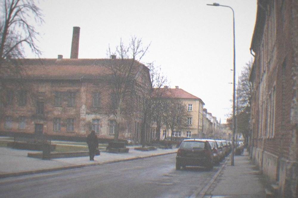 A mural photographed in warm evening light on a building facade above an empty street