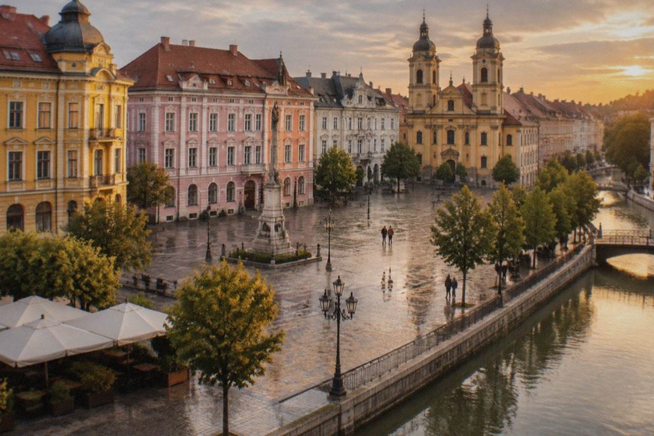 Colorful baroque buildings around a square in Timisoara at golden hour