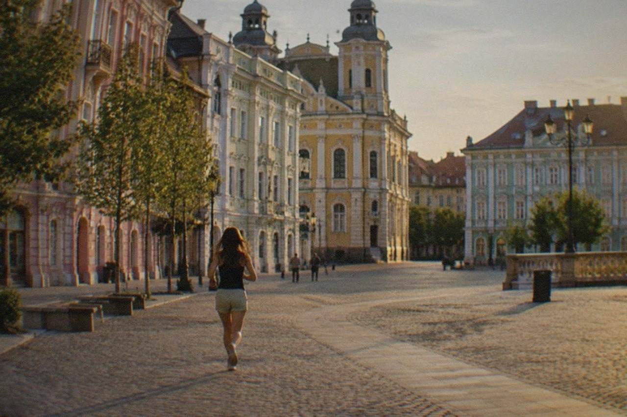 Pastel-colored baroque buildings around a European city square at golden hour
