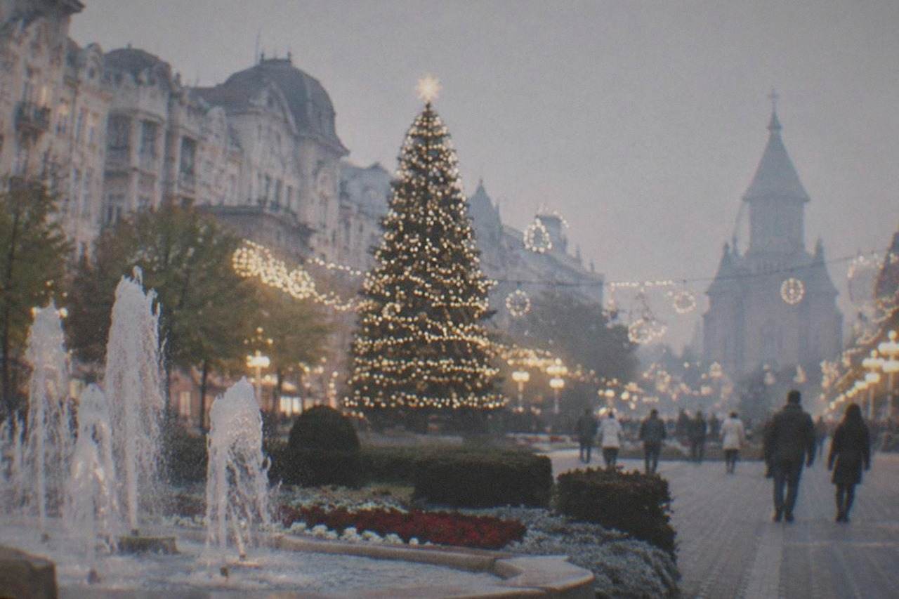 Festive lights and a decorated Christmas tree above a European city square at dusk