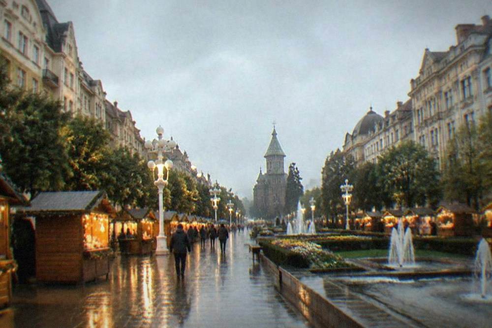 Wooden market cabins with warm lights along a European square in the evening