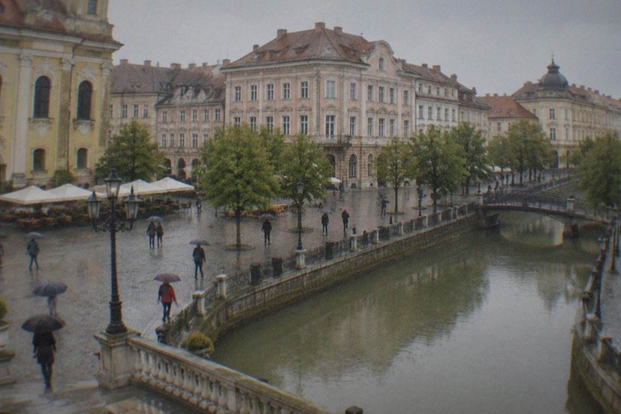 Rain-slicked cobblestones in a historic European square with baroque facades and people with umbrellas