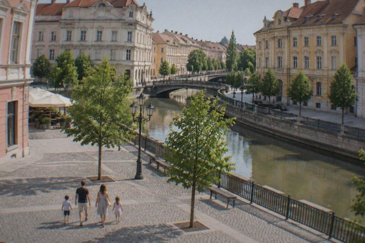 A family with two children walking across a sunny baroque square in Timisoara past colorful facades