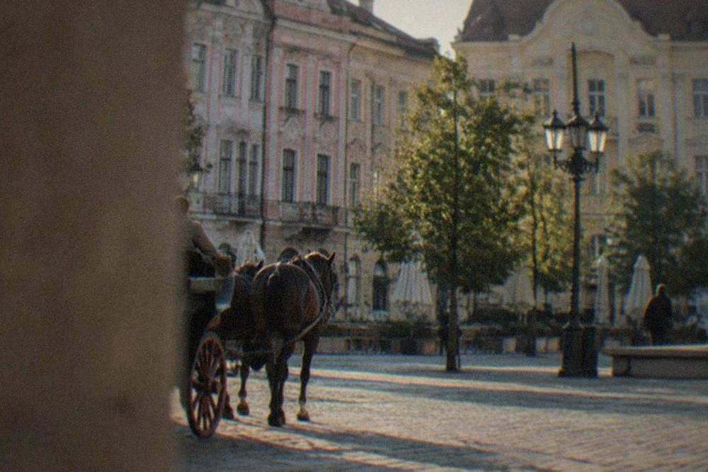 Pedestrian square with historic buildings and a horse-drawn tram-era streetscape in the old town