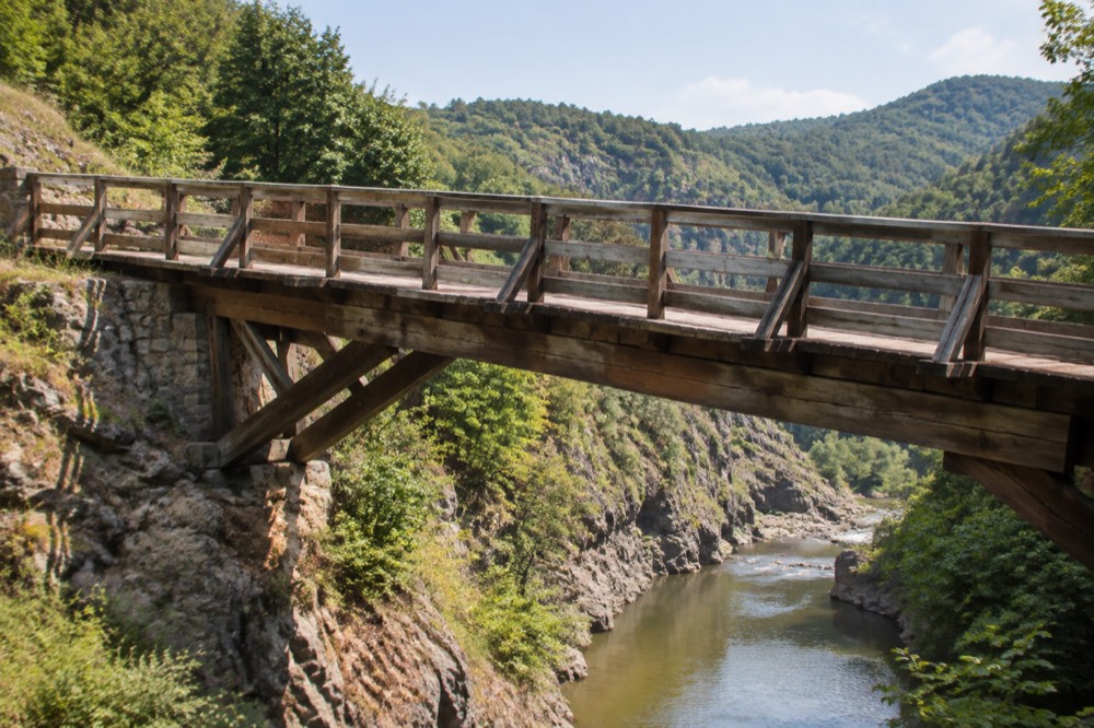 Wooden bridge over a river gorge in the Banat hills south of Timisoara