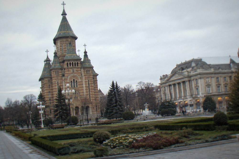 The Metropolitan Cathedral and opera house lining Victory Square in Timisoara